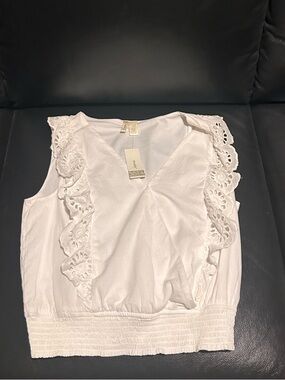 Japna White Eyelet V-Neck Sleeveless Tank